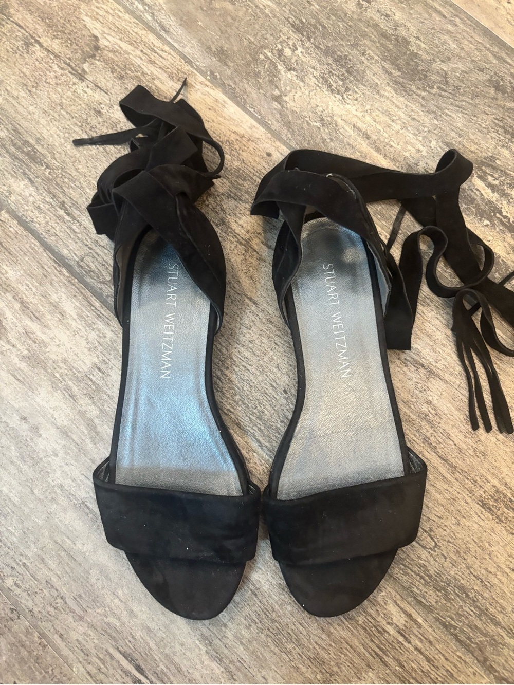 Stuart Weitzman Black Suede Wrap-Ankle Sandals